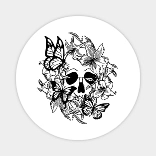 Skull behind lilies and butterflies Magnet